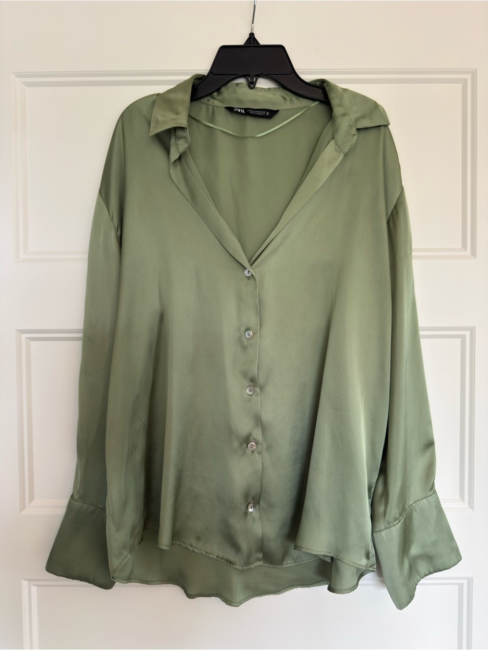 ZARA Silk-Blend Olive Green Button-Front Women's Blouse